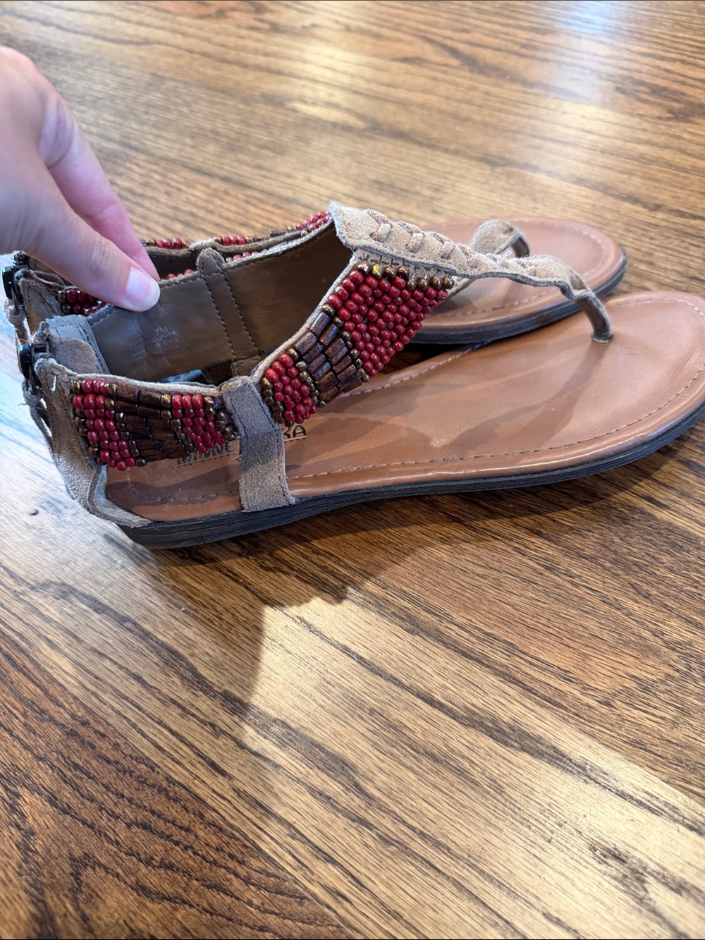 Minnetonka Taupe Beaded Thong Sandals with Red Accents